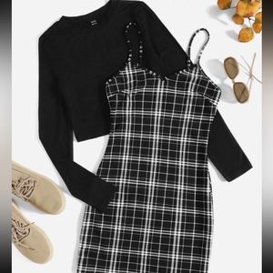 Solid Black Top & Plaid Print Cami Dress